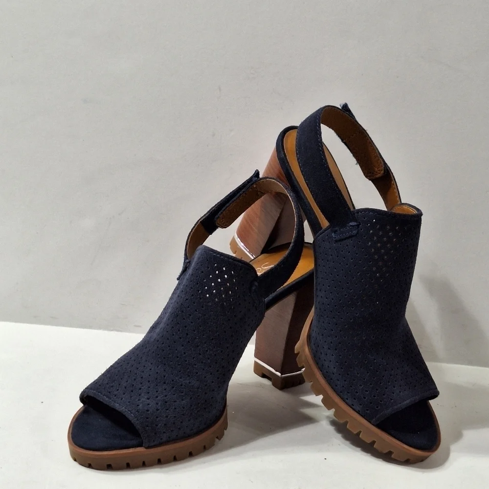 Franco Sarto Navy Blue Suede Austin Boho Slingback Platform Heel Sandals Sz 6.5